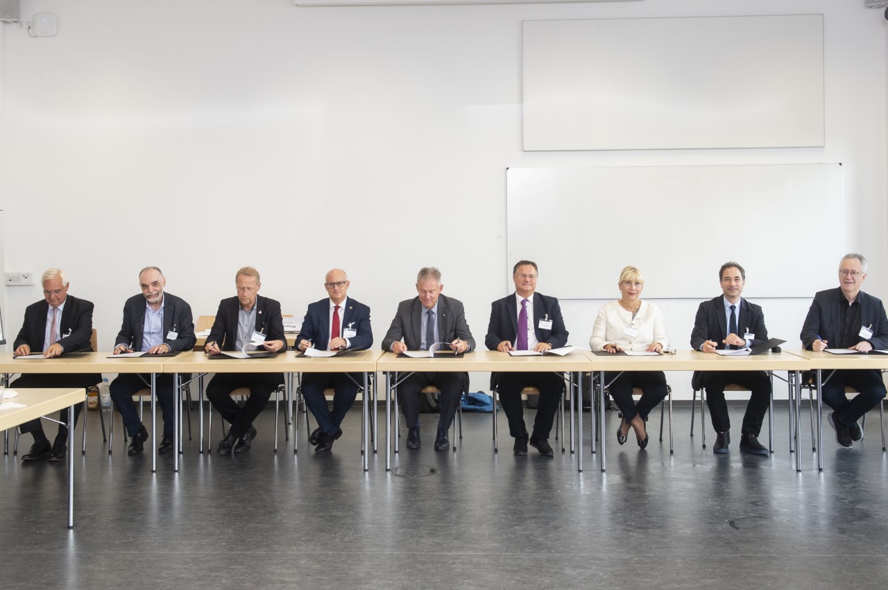 Leaders from universities in NeurotechEU gathered to officially sign Georgia Tech-Lorraine as the ninth founding partner of the European University. From left to right, members include Prof. Elek Bartha (University of Debrecen), Vice Rector for Education, Prof. Abdallah Ougazzaden (Georgia Tech Lorraine), President, Prof. Anders Gustafsson (Karolinska Institutet), Vice President, Prof. Vicente Micol (Miguel Hernández University of Elche), Vicerrector for International Relations, Prof. Han van Krieken 